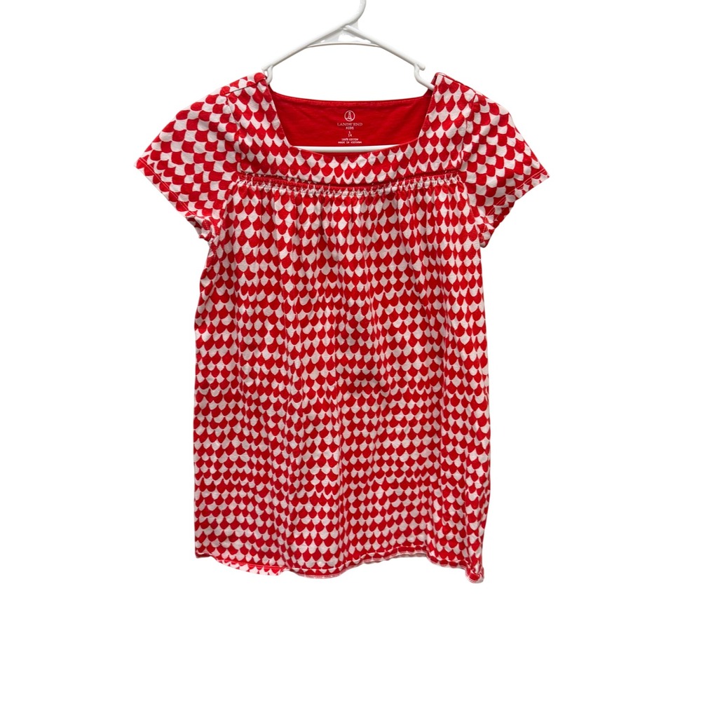 Lands End Kids Red White Heart Scallop Print Cotton Knit Top Shirt Girls Size 14